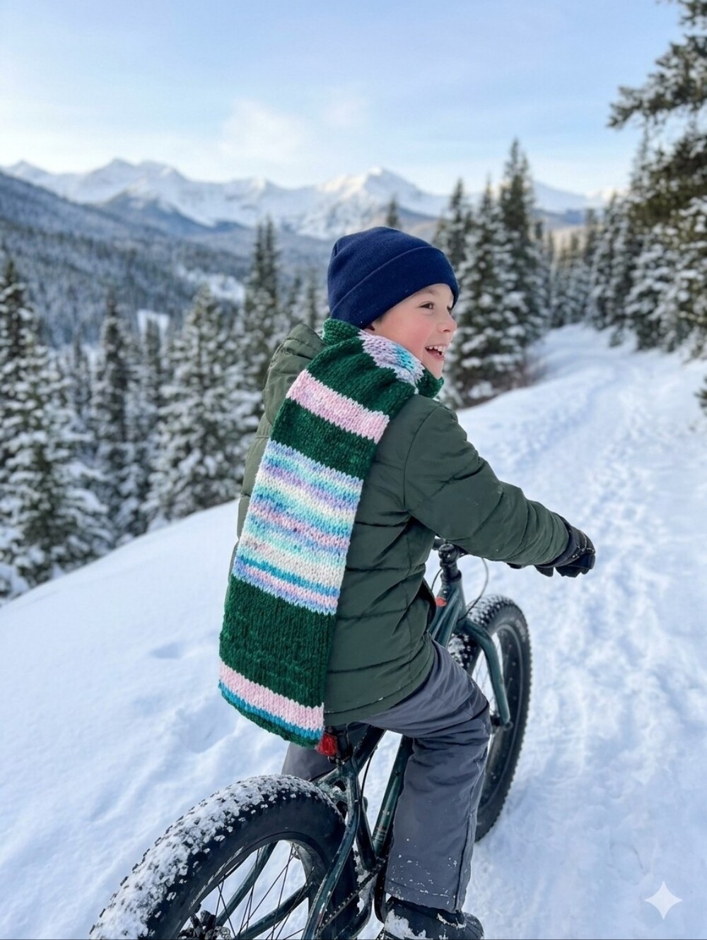 Kids Striped Knit Scarf - Dark Green & Pastel Stripes Scarf And Hat Both Set